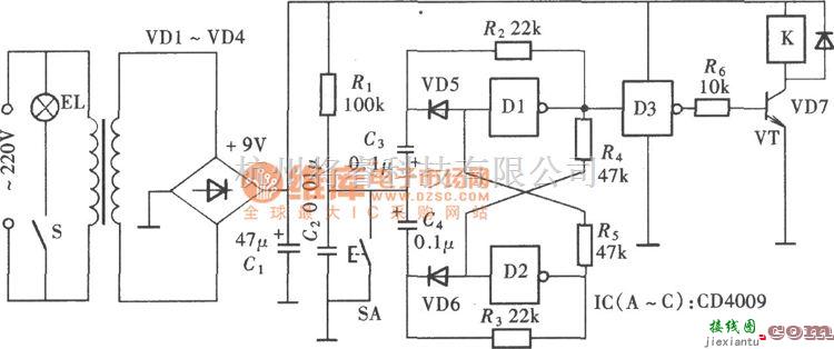 开关电路中的由CD4009组成的碰触式电灯开关电路图  第1张