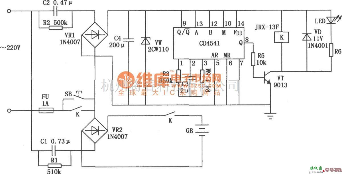 充电电路中的CD4541构成的0.1C5A标准镉镍电池充电电路图  第1张