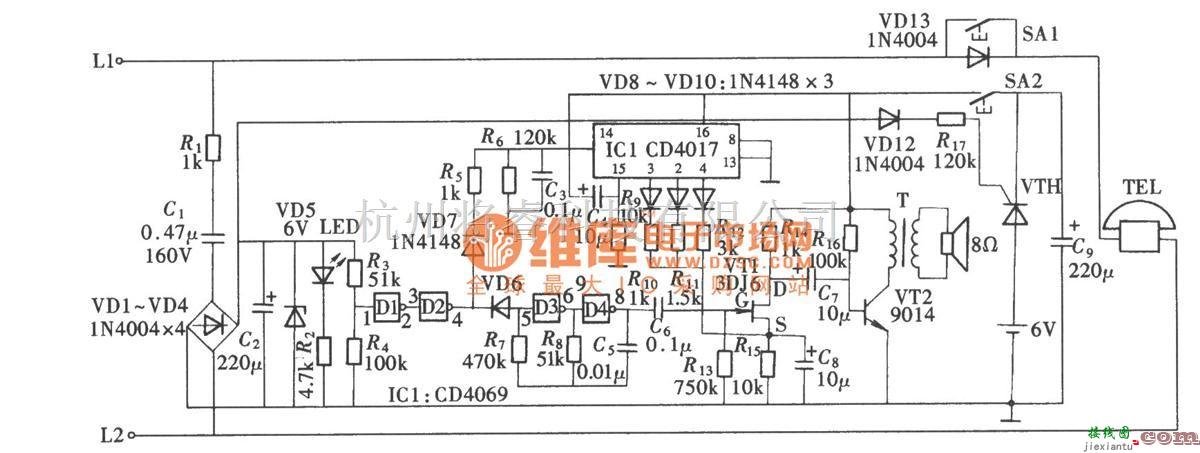 语音电路中的电话铃声渐响电路(CD4017)电路图  第1张