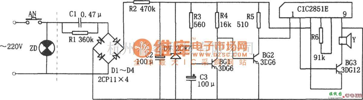 语音电路中的CIC2851E构成的音乐型电冰箱关门提醒电路图  第1张