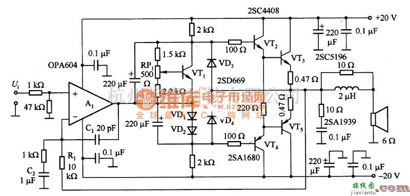 集成音频放大中的由OPA604等构成的15W 音频功率放大器电路图  第1张