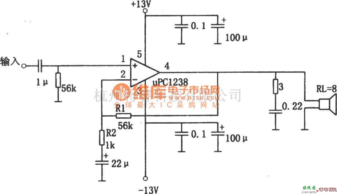 集成音频放大中的μPC1238构成的1OW音频功率放大器电路图  第1张