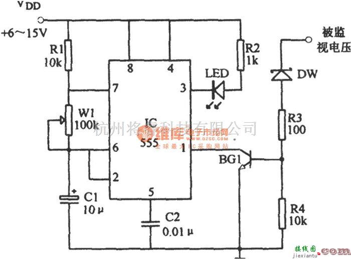 专用测量/显示电路中的555构成的过压指示电路图  第1张