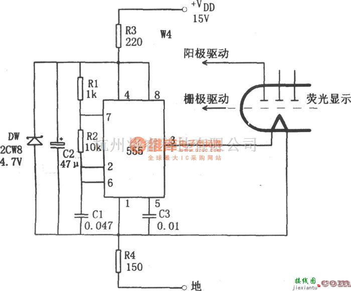 专用测量/显示电路中的555构成的经济型荧光显示电路图  第1张