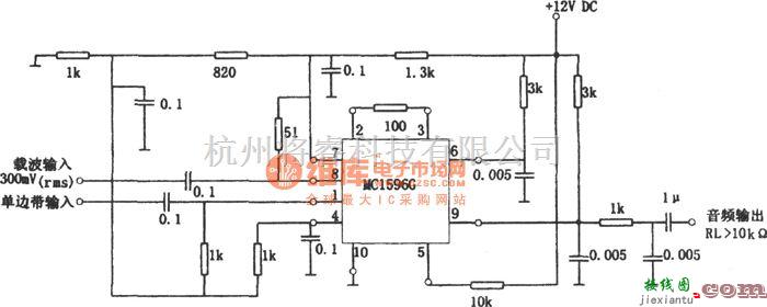 专用测量/显示电路中的无变压器乘积检波电路图(MC1596G)  第1张