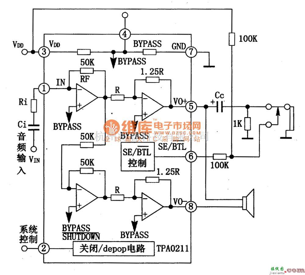 集成音频放大中的TPAO211　体积很小的单片音频功放集成电路图  第2张