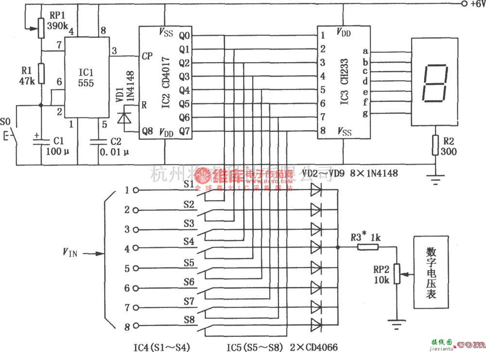 专用测量/显示电路中的由555、CD4017以及CH233组成的八路电压巡测电路图  第1张