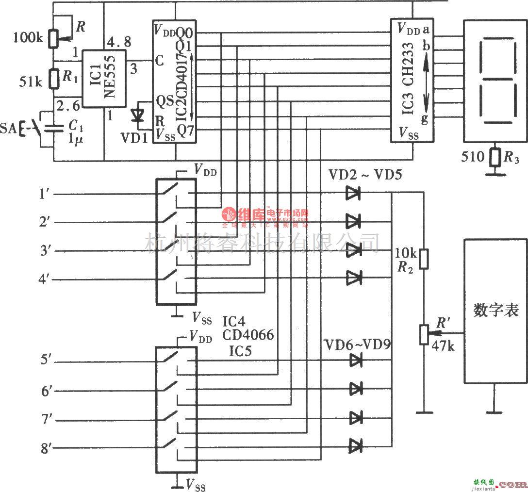 专用测量/显示电路中的多路电压巡回检测电路图(NE555、CD4066)  第1张