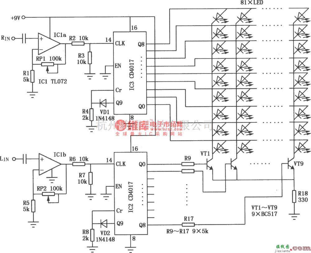 专用测量/显示电路中的CD4017构成的音频显示电路图  第1张