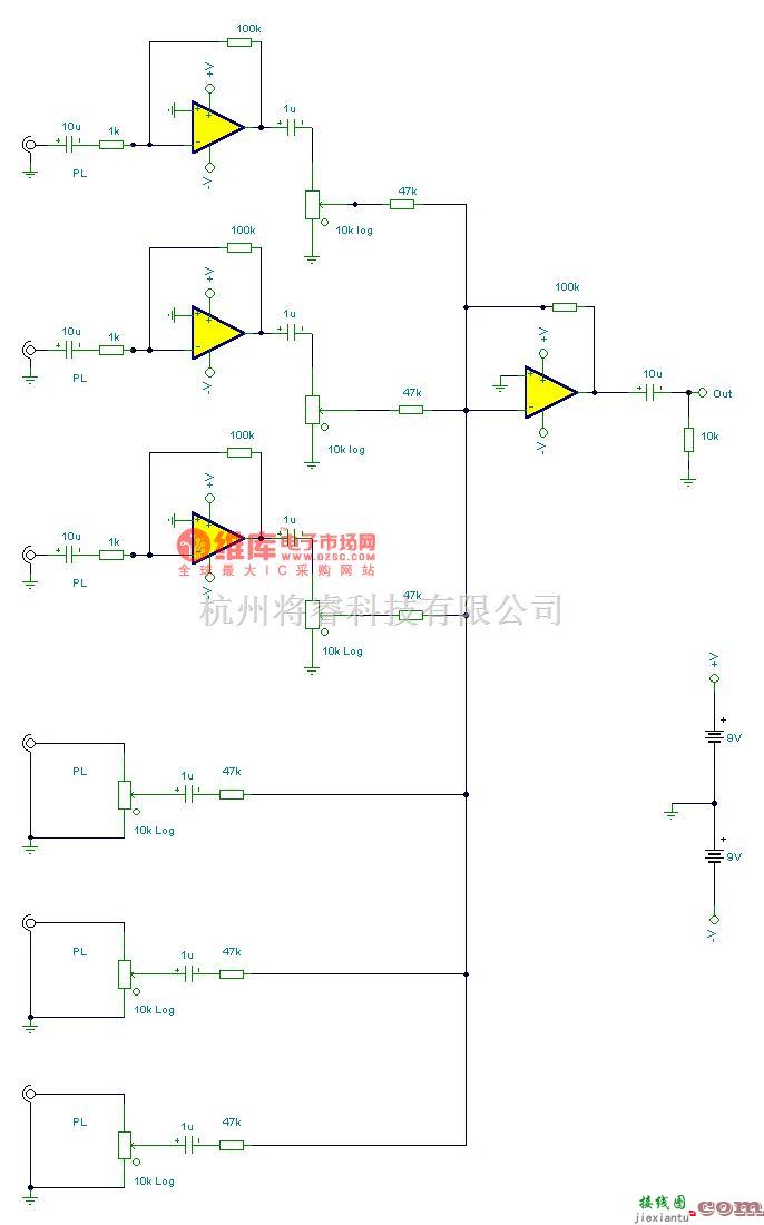 增益可调放大电路中的6通道输入混合器电路图  第1张