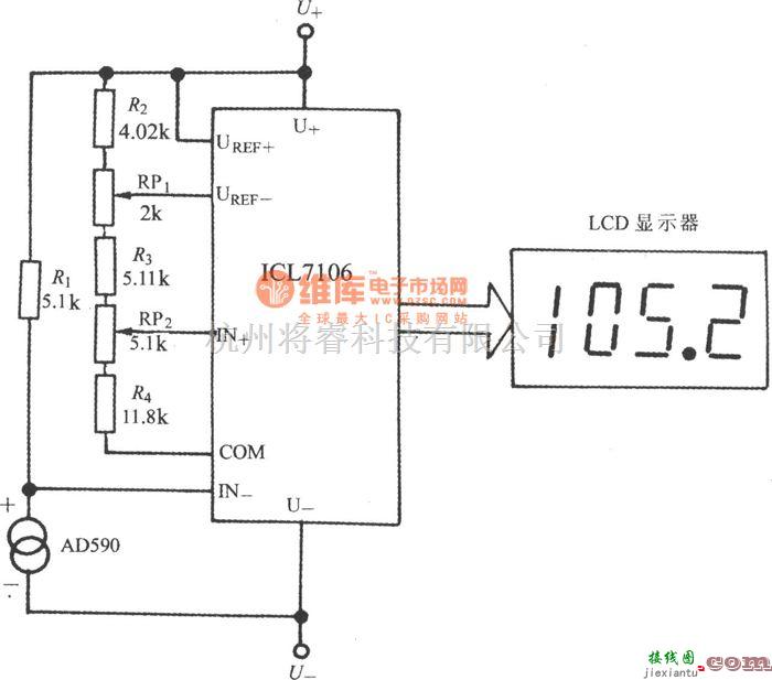 温度传感电路中的由电流输出式精密集成温度传感器AD590构成的数字温度计  第1张