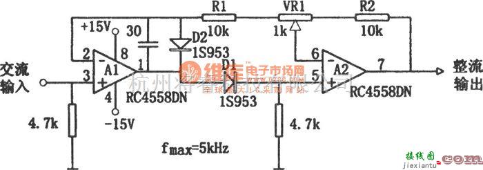 专用测量/显示电路中的调节简单的高输入阻抗双波线性检波电路图(RC4558DN)  第1张