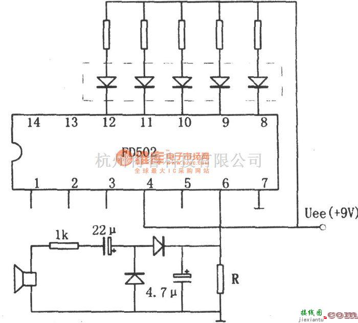 专用测量/显示电路中的用五位LED显示器做音响功率指示电路图(FD502)  第1张