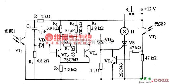光电产生电路中的由光电晶体管等构成的防盗报警电路图  第1张