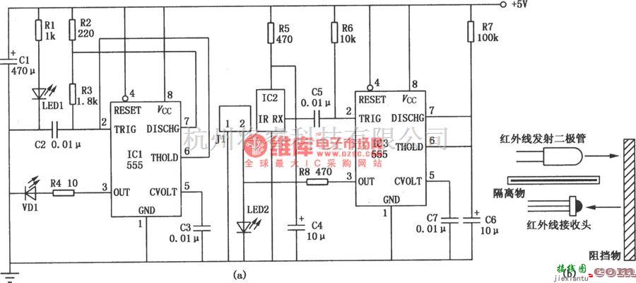 专用测量/显示电路中的555组成的近距离红外检测电路图  第1张