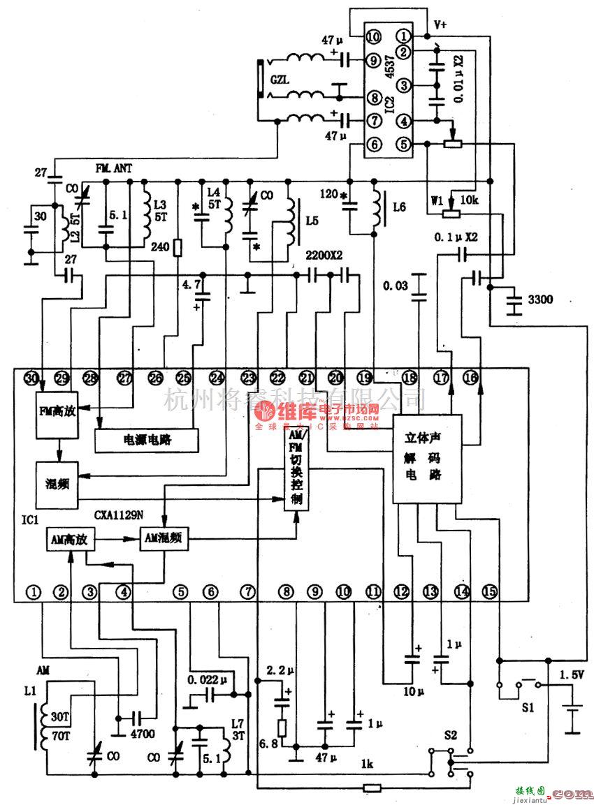 集成音频放大中的CXA1129N单片立体声收音集成电路图  第1张