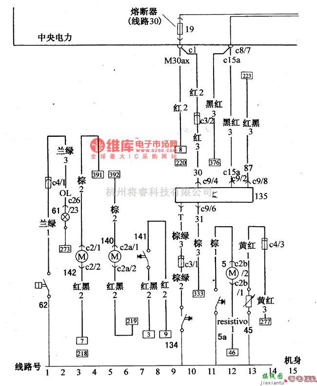 大众（上汽）中的桑塔纳2000(汽油喷射发动机)轿车电路配线电路图  第1张