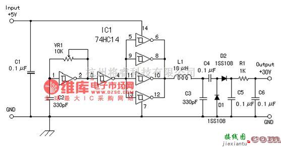 稳压电源中的+5V输入+30V输出升压电路电路图  第1张