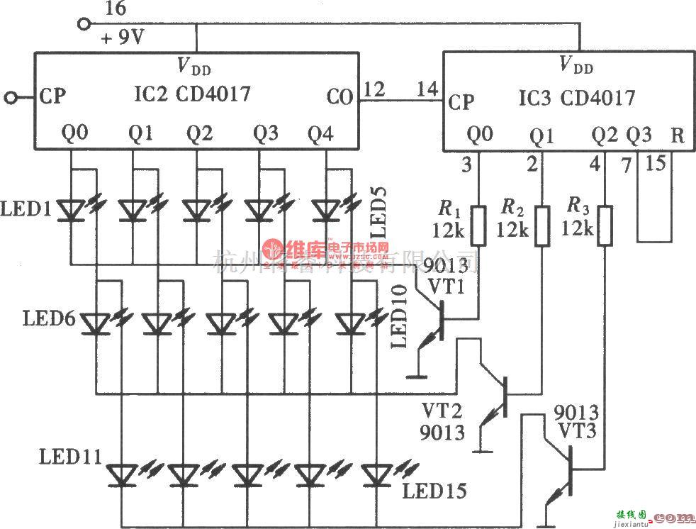 专用测量/显示电路中的由CD4017组成的多路显示器电路图  第1张