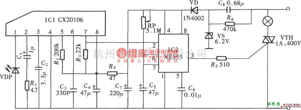 红外线热释遥控中的由CX20106、NE555组成的红外遥控延时节电开关  第1张
