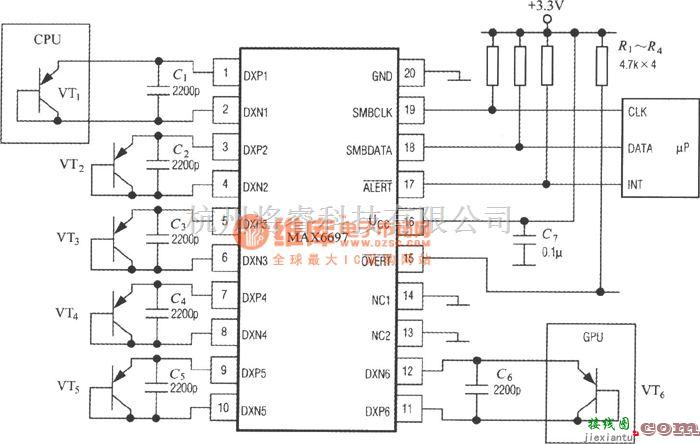 温度传感电路中的7通道智能温度传感器MAX6697的典型应用  第1张