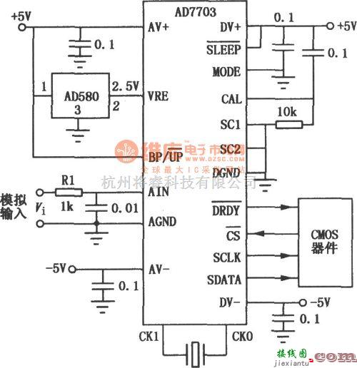 调制、阻抗变换电路中的AD7703 20位单片串行A/D转换器的典型应用电路图  第1张