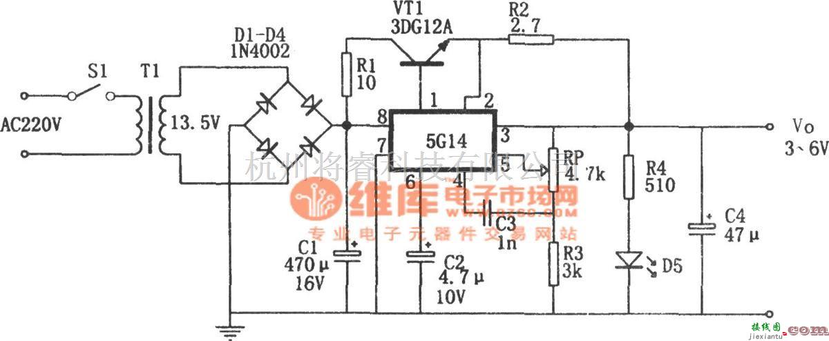 稳压电源中的5G14构成的3～6V可调电源  第1张