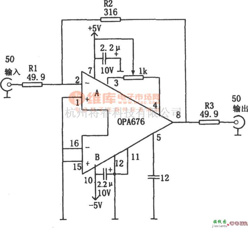 视频放大电路中的具有50Ω／输出组抗的宽视频放大器频(OPA676)  第1张