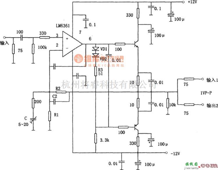 宽带放大中的LM6361构成的用于容性负载的宽带驱动器  第1张