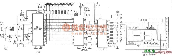 仪器仪表中的音响电平LED与数码双显示电路图  第1张