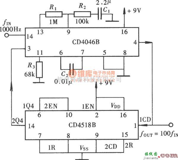 频率合成器中的用CD4046组成的100倍频电路  第1张