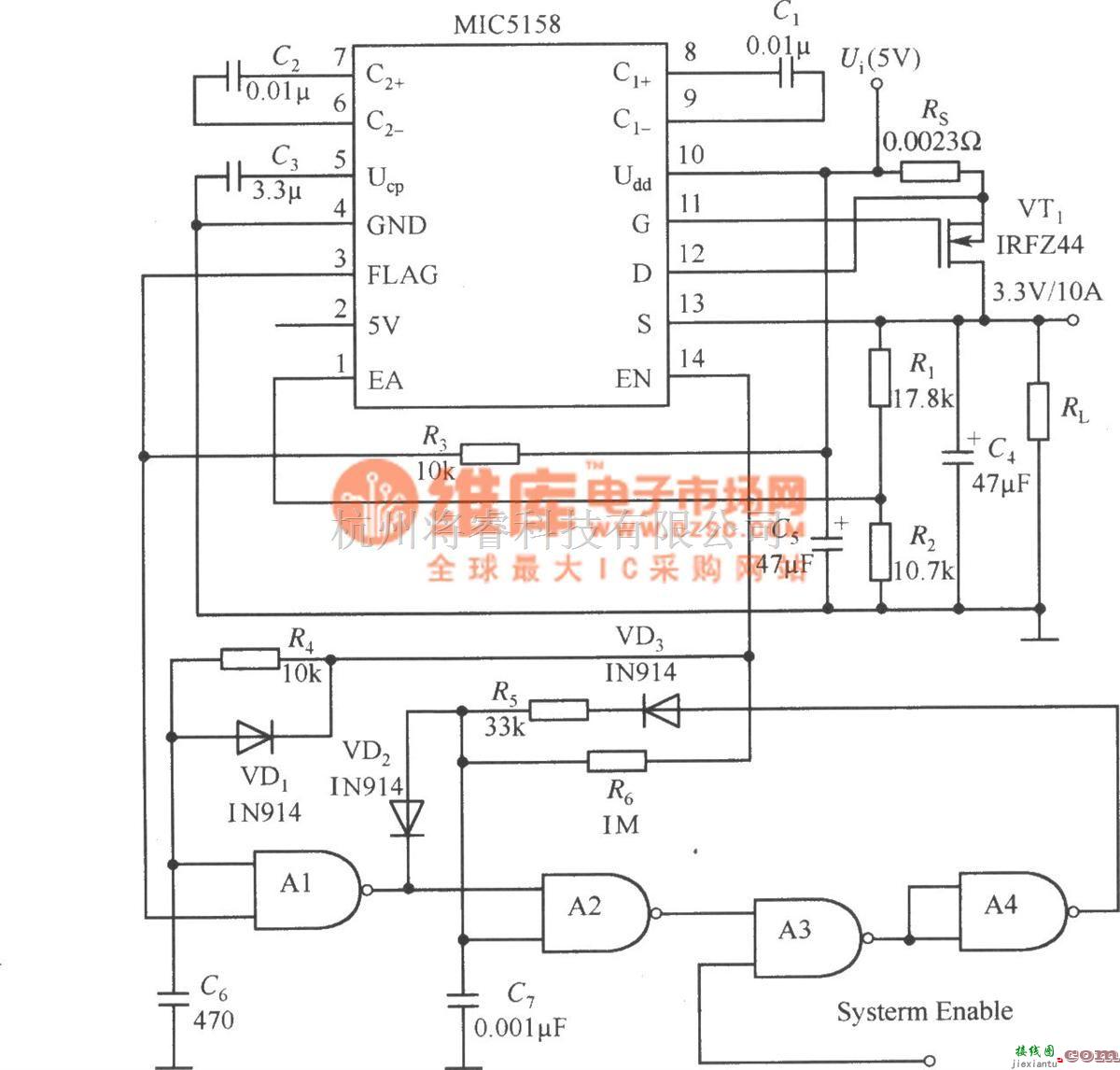 稳压电源中的MIC5158构成的外围电路简单的5V输入、3.3V／10A输出的线性稳压器电路 2007-7-3  第1张