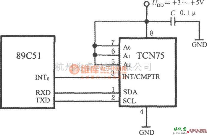 温度传感电路中的带二线串行接口智能温度传感器TCN75与89C51单片机的接口电路  第1张
