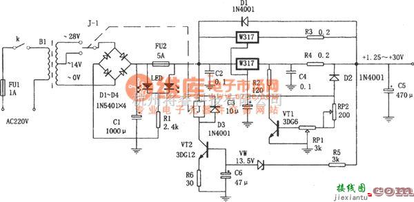 稳压电源中的LM317构成的自适应可调稳压电源  第1张