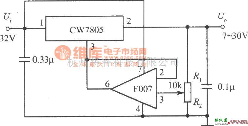 稳压电源中的由CW7800和F007构成的7～30V的可调输出集成稳压电源电路  第1张