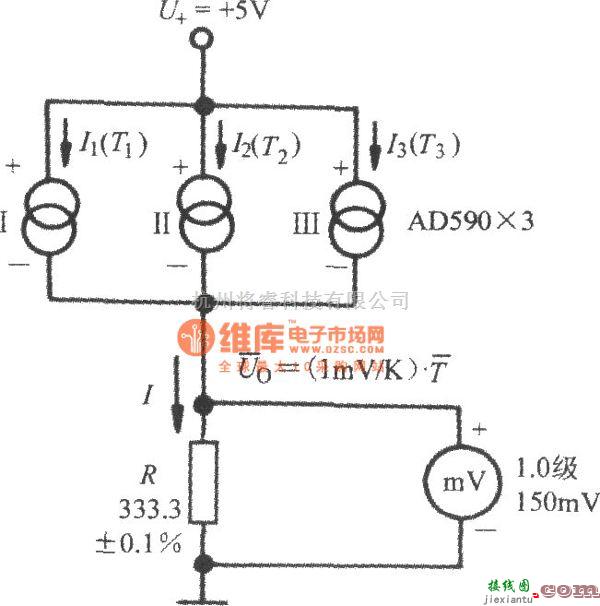 温度传感电路中的由AD590(电流输出式精密集成温度传感器)构成的测量平均温度的电路  第1张