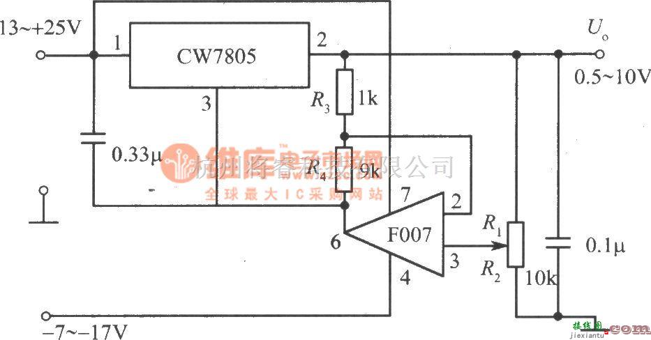 稳压电源中的由CW7800和F007构成的输出电压可下调到0.5V的集成稳压电源电路  第1张