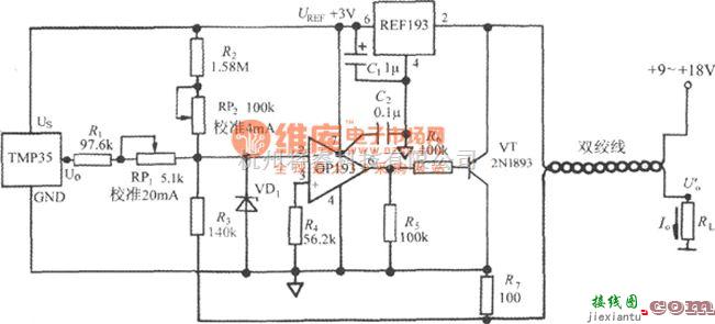 温度传感电路中的由电压输出式集成温度传感器构成的4～20mA温度变送器电路  第1张