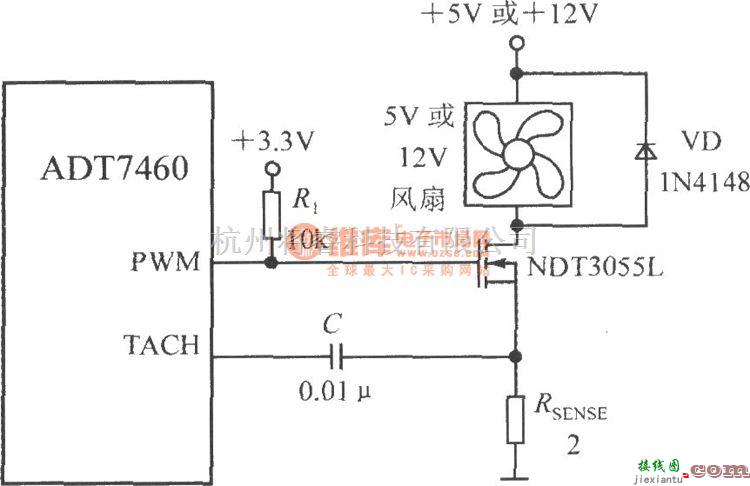 温度传感电路中的驱动一台二线风扇的电路(智能化远程热风扇控制器ADT7460)  第1张