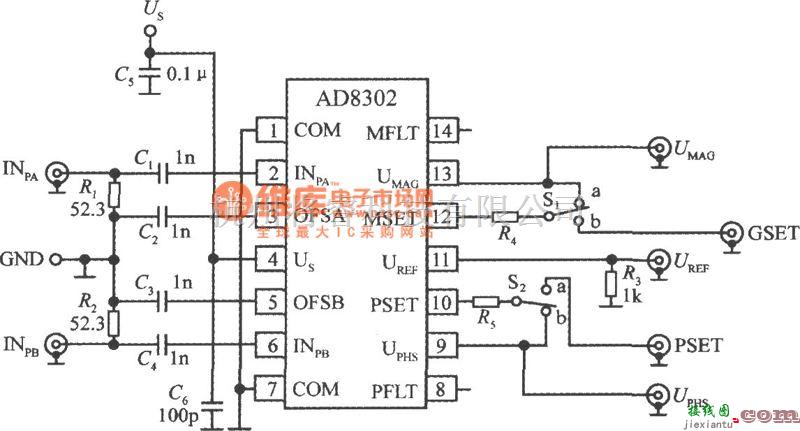 传感器单片系统应用方案中的单片宽频带相位差测量系统AD8302的典型应用电路图  第1张