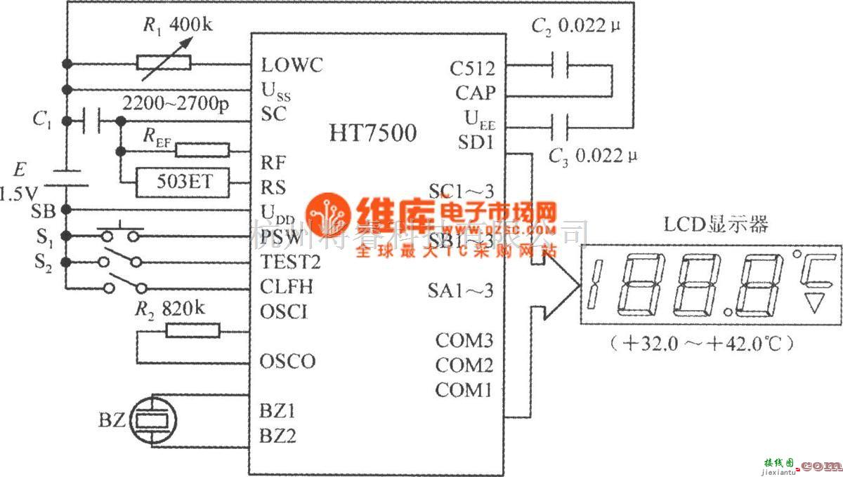 传感器单片系统应用方案中的由高精度微型化医用数字体温计HT7500构成的数字式摄氏体温计电路图  第2张