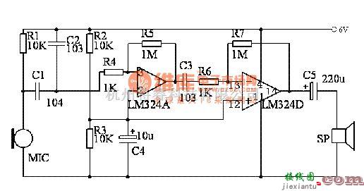 专用测量/显示电路中的用四运放LM324制作高灵敏度声音探听器  第1张
