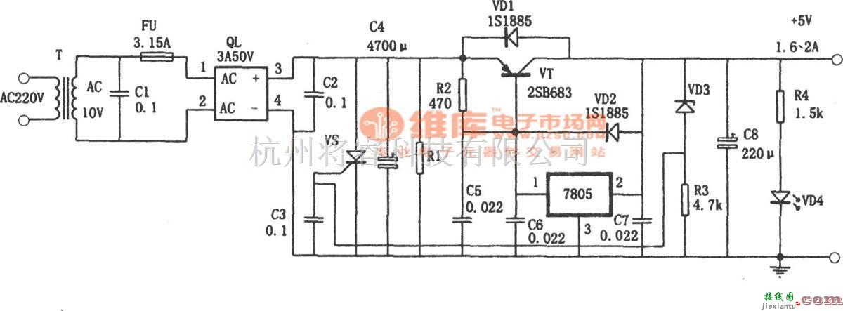 稳压电源中的具有扩流和过压保护功能的+5V稳压电源(7805)  第1张