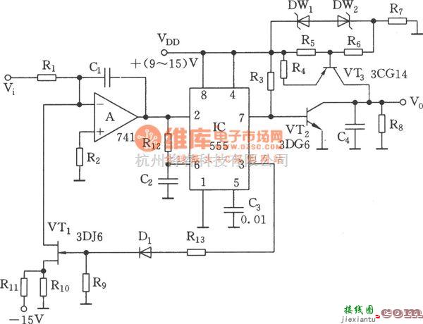 信号产生器中的输出为线性锯齿波的电压／频率转换器电路(555)  第1张