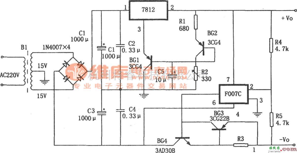 稳压电源中的温度补偿式正负对称稳压电源(7812、F007C)  第1张