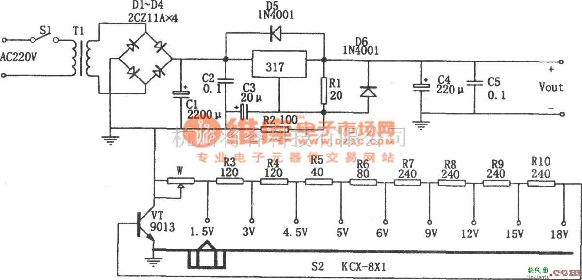 稳压电源中的LM317构成的分挡可调直流稳压电源  第1张