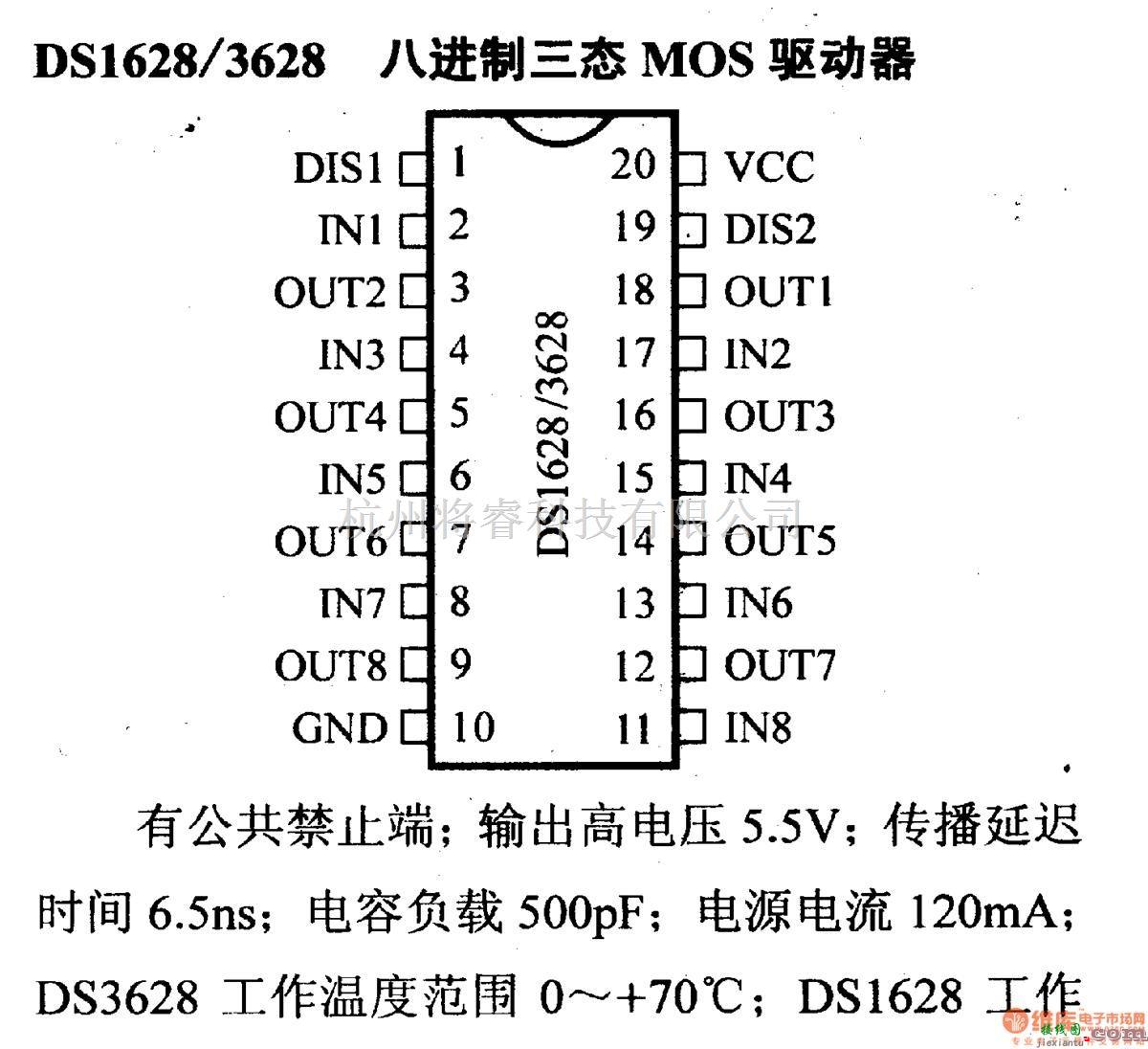 数字电路中的驱动器和通信电路引脚及主要特性DS1628/3628 八进制三态MOS驱动器  第1张