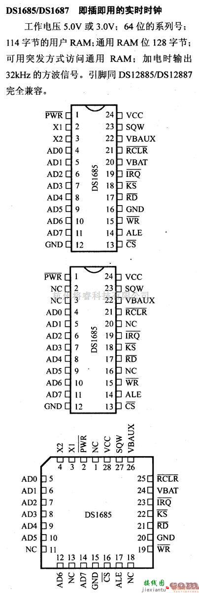 数字电路中的电路引脚及主要特性DS1685/DS1687 即插即用的实时时钟  第1张