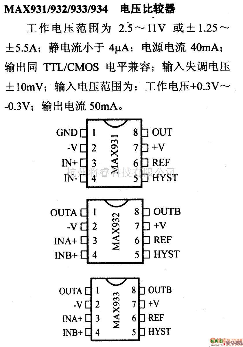 数字电路中的电路引脚及主要特性MAX931/932/933/934 电压比较器  第1张