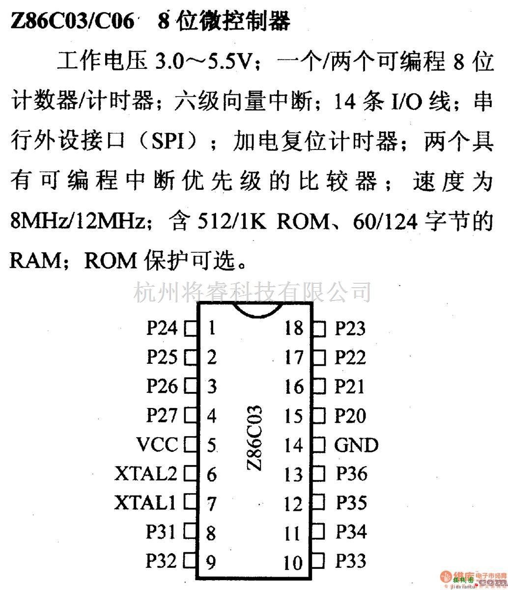 数字电路中的芯片引脚及主要特性Z86CO3/C06 8位微控制器  第1张